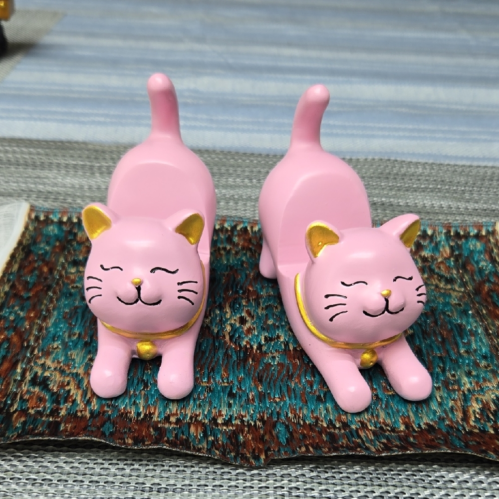 Pink Cat Figurines with Gold Accents